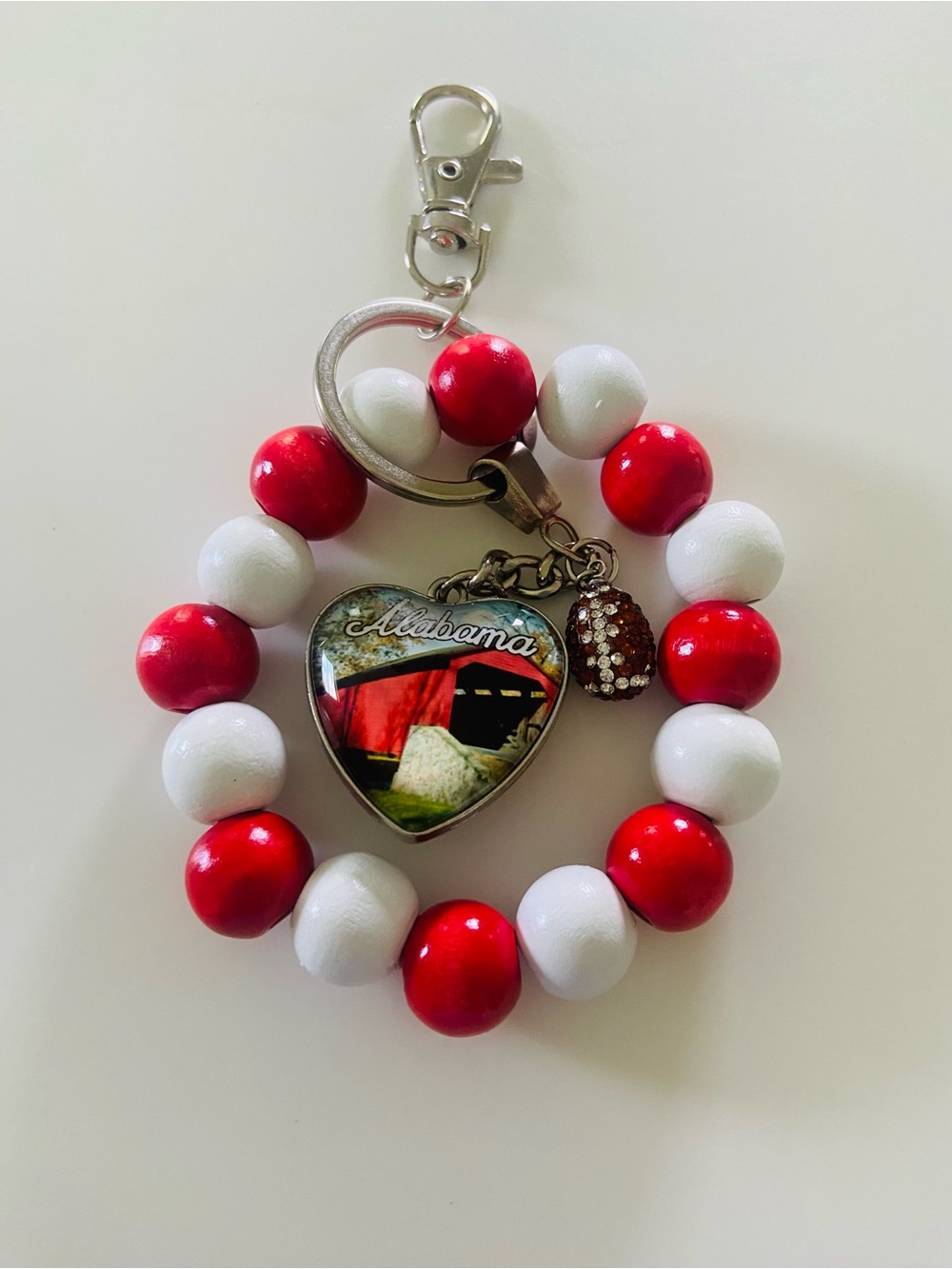 Alabama Red & White Beaded Heart Charm Keychain/Bag charm-new and handmade